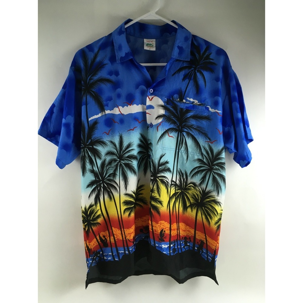 Happy Bay Shirt Men's Size Medium Blue Hawaiian Button Up Paradise Trees Theme
